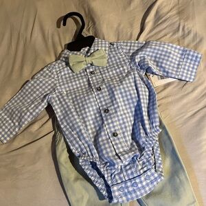 Blue Gingham Baby Button-Up Romper with Mint Bow Tie